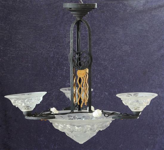 A French Art Deco wrought iron ceiling light, 26 x 25in.